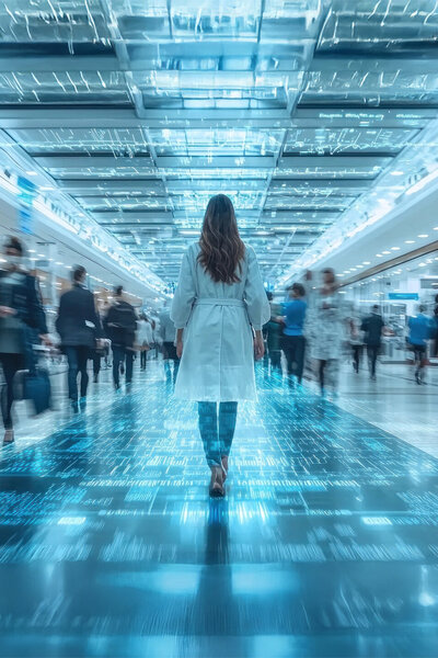Frau in weißem Kittel geht durch futuristisches, hell erleuchtetes medizinisches Zentrum mit digitalem Datenoverlay auf dem Boden, während Menschen um sie herum in Bewegung sind – Symbolbild für Digitalisierung, moderne Technologie, Künstliche Intelligenz und Zukunft der Medizin. 