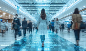 Frau in weißem Kittel geht durch futuristisches, hell erleuchtetes medizinisches Zentrum mit digitalem Datenoverlay auf dem Boden, während Menschen um sie herum in Bewegung sind – Symbolbild für Digitalisierung, moderne Technologie, Künstliche Intelligenz und Zukunft der Medizin. 